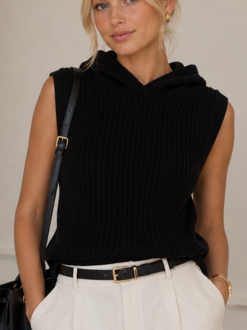 A.L.C. Black Chunky Knit Hooded Cotton Sleeveless Sweater Size XS 39255
